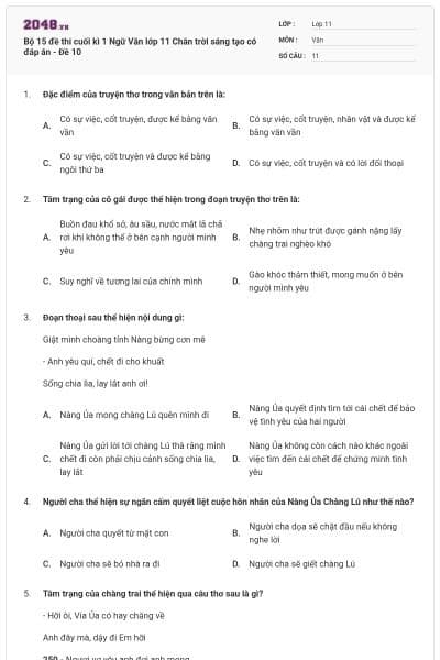 Bộ 15 đề thi cuối kì 1 Ngữ Văn lớp 11 Chân trời sáng tạo có đáp án - Đề  10