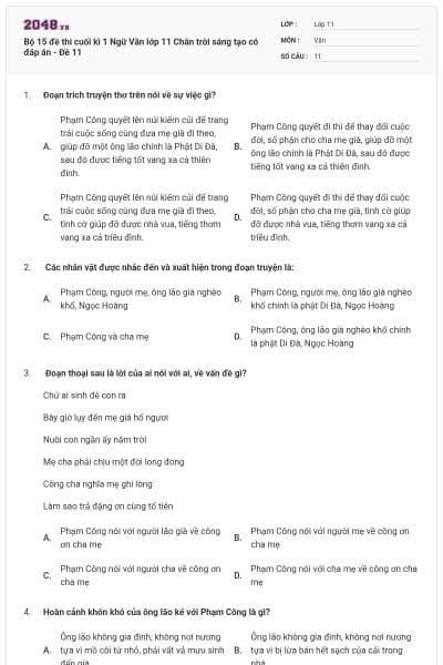 Bộ 15 đề thi cuối kì 1 Ngữ Văn lớp 11 Chân trời sáng tạo có đáp án - Đề  11