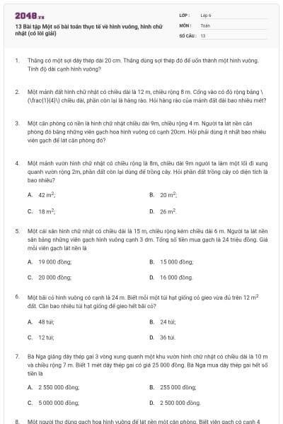 13 Bài tập Một số bài toán thực tế về hình vuông, hình chữ nhật (có lời giải)