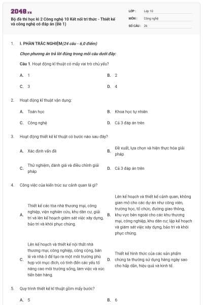 Bộ đề thi học kì 2 Công nghệ 10 Kết nối tri thức - Thiết kế và công nghệ có đáp án (Đề 1)