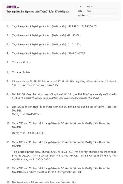 Trắc nghiệm bài tập theo tuần Toán 7-Tuần 17 có đáp án