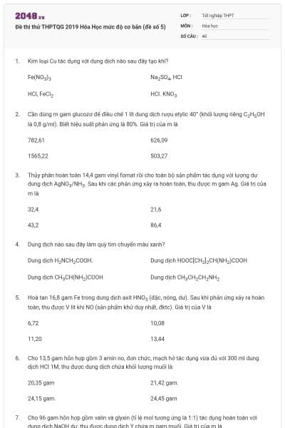 Đề thi thử THPTQG 2019 Hóa Học mức độ cơ bản (đề số 5)