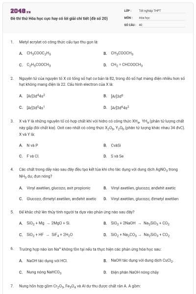 Đề thi thử Hóa học cực hay có lời giải chi tiết (đề số 20)