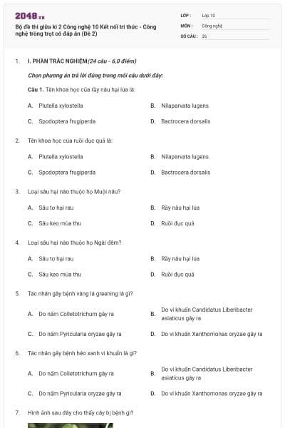 Bộ đề thi giữa kì 2 Công nghệ 10 Kết nối tri thức - Công nghệ trồng trọt có đáp án (Đề 2)