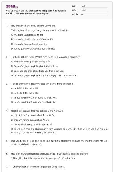 Giải SBT Sử 7 Bài 11. Khái quát về Đông Nam Á từ nửa sau thế kỉ 10 đến nửa đầu thế kỉ 16 có đáp án