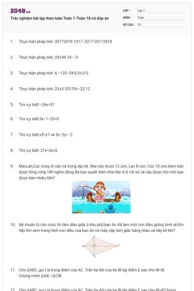 Trắc nghiệm bài tập theo tuần Toán 7-Tuần 18 có đáp án