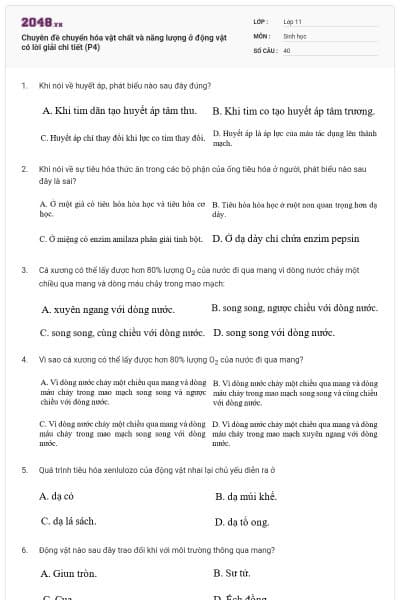 Chuyên đề chuyển hóa vật chất và năng lượng ở động vật có lời giải chi tiết (P4)