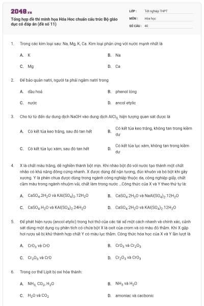 Tổng hợp đề thi minh họa Hóa Hoc chuẩn cấu trúc Bộ giáo dục có đáp án (đề số 11)