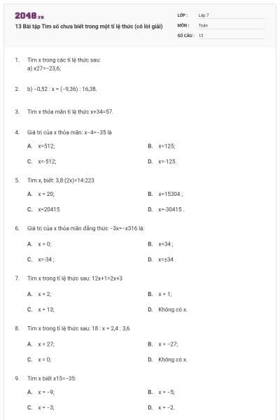 13 Bài tập Tìm số chưa biết trong một tỉ lệ thức (có lời giải)