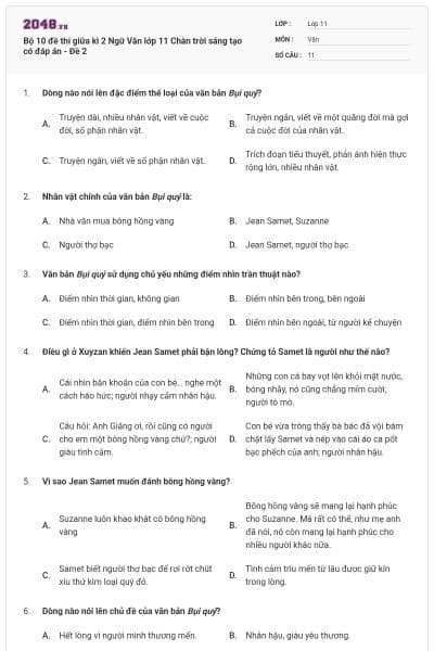 Bộ 10 đề thi giữa kì 2 Ngữ Văn lớp 11 Chân trời sáng tạo có đáp án - Đề 2