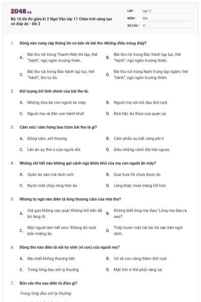 Bộ 10 đề thi giữa kì 2 Ngữ Văn lớp 11 Chân trời sáng tạo có đáp án - Đề 3