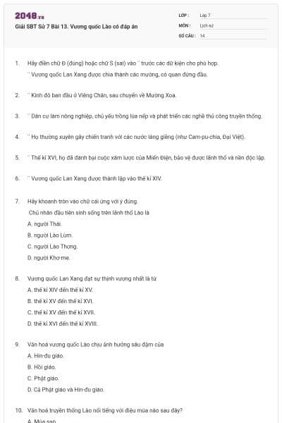 Giải SBT Sử 7 Bài 13. Vương quốc Lào có đáp án