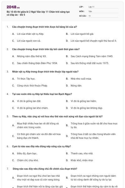Bộ 10 đề thi giữa kì 2 Ngữ Văn lớp 11 Chân trời sáng tạo có đáp án - Đề 5