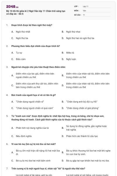 Bộ 10 đề thi giữa kì 2 Ngữ Văn lớp 11 Chân trời sáng tạo có đáp án - Đề 6