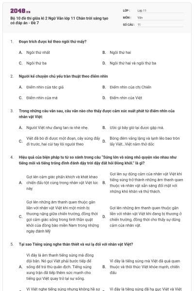 Bộ 10 đề thi giữa kì 2 Ngữ Văn lớp 11 Chân trời sáng tạo có đáp án - Đề 7