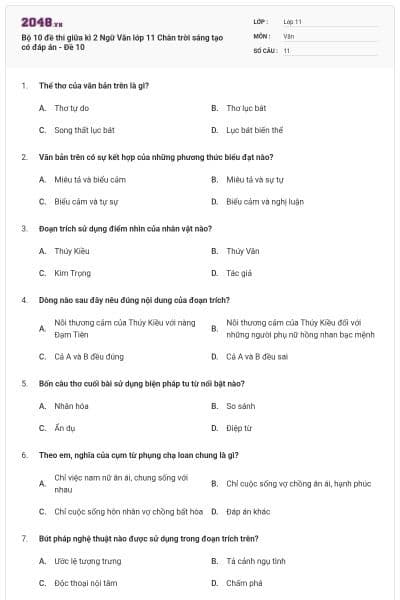 Bộ 10 đề thi giữa kì 2 Ngữ Văn lớp 11 Chân trời sáng tạo có đáp án - Đề 10