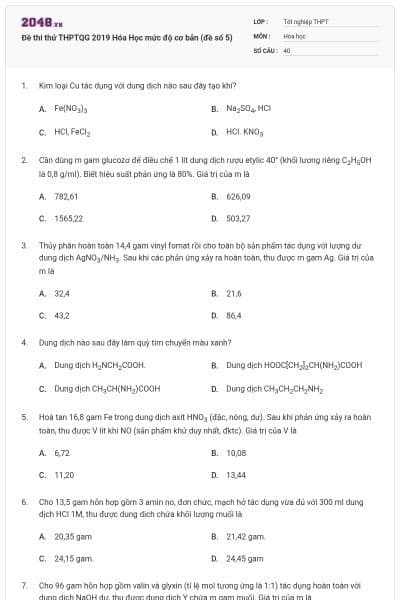 Đề thi thử THPTQG 2019 Hóa Học mức độ cơ bản (đề số 5)