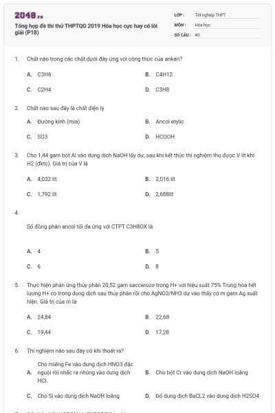 Tổng hợp đề thi thử THPTQG 2019 Hóa học cực hay có lời giải (P18)