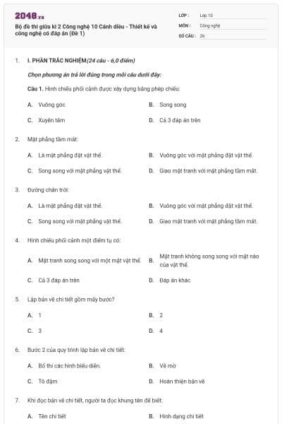Bộ đề thi giữa kì 2 Công nghệ 10 Cánh diều - Thiết kế và công nghệ có đáp án (Đề 1)