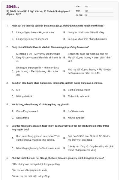 Bộ 10 đề thi cuối kì 2 Ngữ Văn lớp 11 Chân trời sáng tạo có đáp án - Đề 2