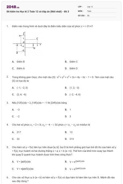 Đề kiểm tra Học kì 2 Toán 12 có đáp án (Mới nhất) - Đề 3