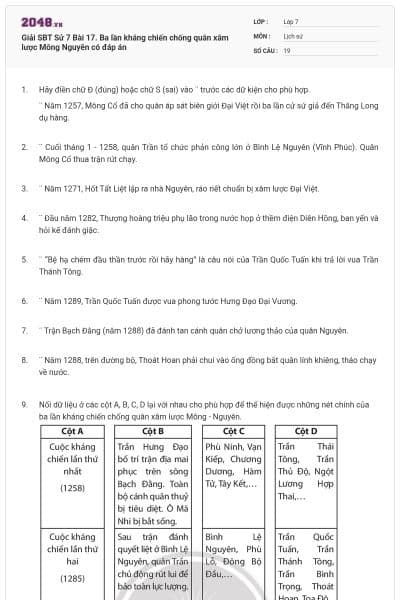 Giải SBT Sử 7 Bài 17. Ba lần kháng chiến chống quân xâm lược Mông Nguyên có đáp án