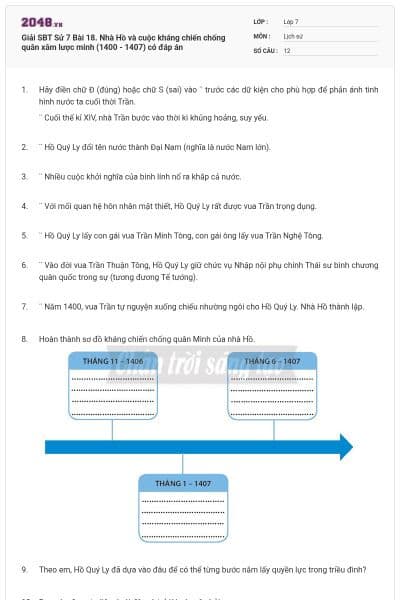 Giải SBT Sử 7 Bài 18. Nhà Hồ và cuộc kháng chiến chống quân xâm lược minh (1400 - 1407) có đáp án