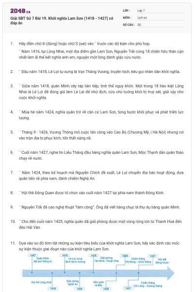 Giải SBT Sử 7 Bài 19. Khởi nghĩa Lam Sơn (1418 - 1427) có đáp án