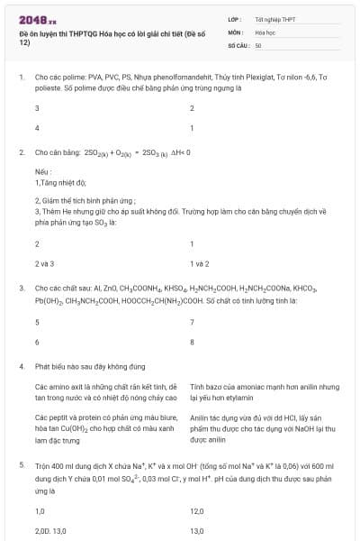 Đề ôn luyện thi THPTQG Hóa học có lời giải chi tiết (Đề số 12)
