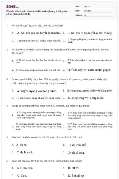 Chuyên đề chuyển hóa vật chất và năng lượng ở động vật có lời giải chi tiết (P4)
