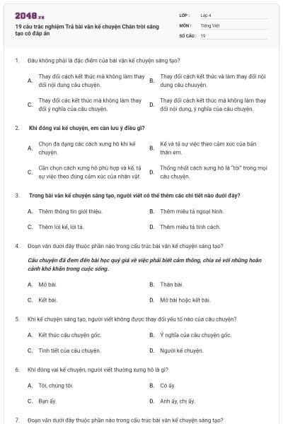 19 câu trắc nghiệm Trả bài văn kể chuyện Chân trời sáng tạo có đáp án