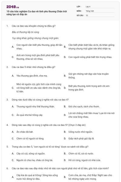 10 câu trắc nghiệm Ca dao về tình yêu thương Chân trời sáng tạo có đáp án