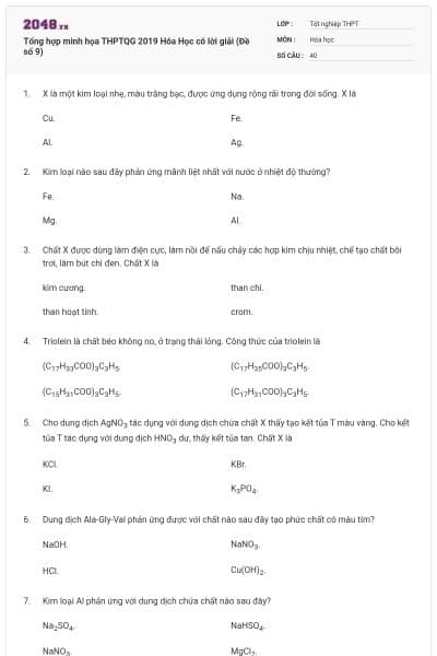 Tổng hợp minh họa THPTQG 2019 Hóa Học có lời giải (Đề số 9)