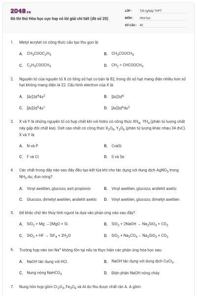 Đề thi thử Hóa học cực hay có lời giải chi tiết (đề số 20)