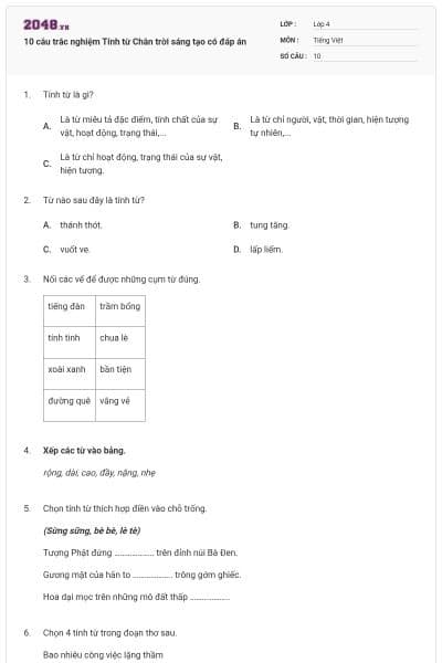 10 câu trắc nghiệm Tính từ Chân trời sáng tạo có đáp án