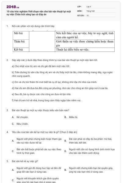 10 câu trắc nghiệm Viết đoạn văn cho bài văn thuật lại một sự việc Chân trời sáng tạo có đáp án
