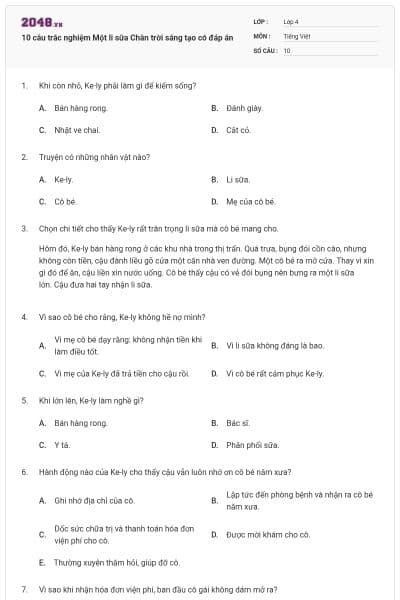 10 câu trắc nghiệm Một li sữa Chân trời sáng tạo có đáp án