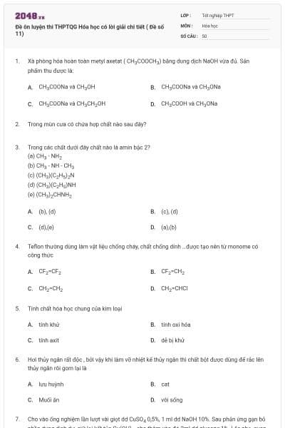 Đề ôn luyện thi THPTQG Hóa học có lời giải chi tiết ( Đề số 11)