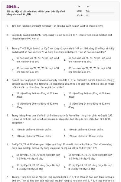 Bài tập Một số bài toán thực tế liên quan đến dãy tỉ số bằng nhau (có lời giải)