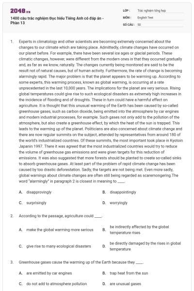 1400 câu trắc nghiệm Đọc hiểu Tiếng Anh có đáp án - Phần 13