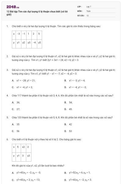 12 Bài tập Tìm các đại lượng tỉ lệ thuận chưa biết (có lời giải)