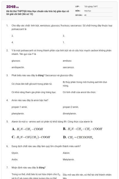 Đề thi thử THPTQG Hóa Học chuẩn cấu trúc bộ giáo dục có lời giải chi tiết (Đề số 13)