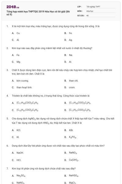 Tổng hợp minh họa THPTQG 2019 Hóa Học có lời giải (Đề số 9)