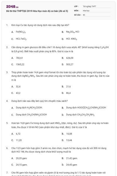 Đề thi thử THPTQG 2019 Hóa Học mức độ cơ bản (đề số 5)