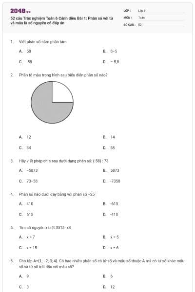 52 câu Trắc nghiệm Toán 6 Cánh diều Bài 1: Phân số với tử và mẫu là số nguyên có đáp án