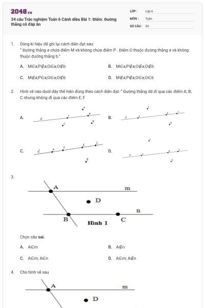 34 câu Trắc nghiệm Toán 6 Cánh diều Bài 1: Điểm. Đường thẳng có đáp án