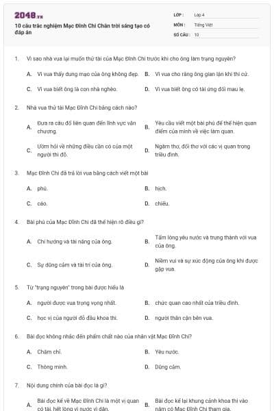10 câu trắc nghiệm Mạc Đĩnh Chi Chân trời sáng tạo có đáp án