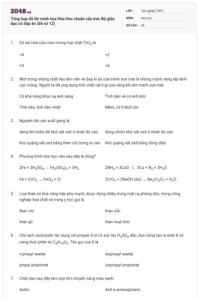 Tổng hợp đề thi minh họa Hóa Hoc chuẩn cấu trúc Bộ giáo dục có đáp án (đề số 12)