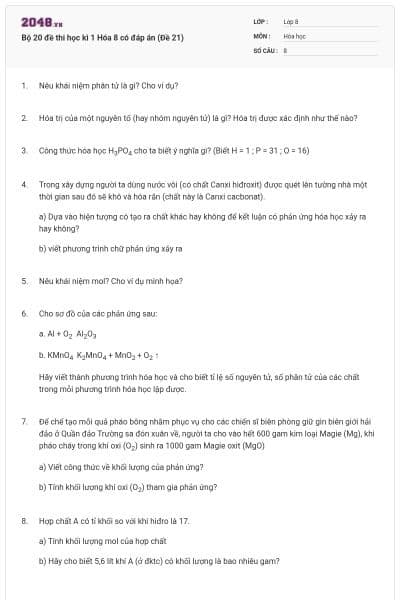 Bộ 20 đề thi học kì 1 Hóa 8 có đáp án (Đề 21)