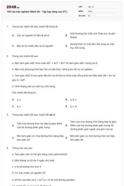 100 câu trắc nghiệm Mệnh đề - Tập hợp nâng cao (P1)
